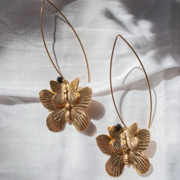 Lotta Djossou Boucles d'oreilles Double Papillon Dorées New