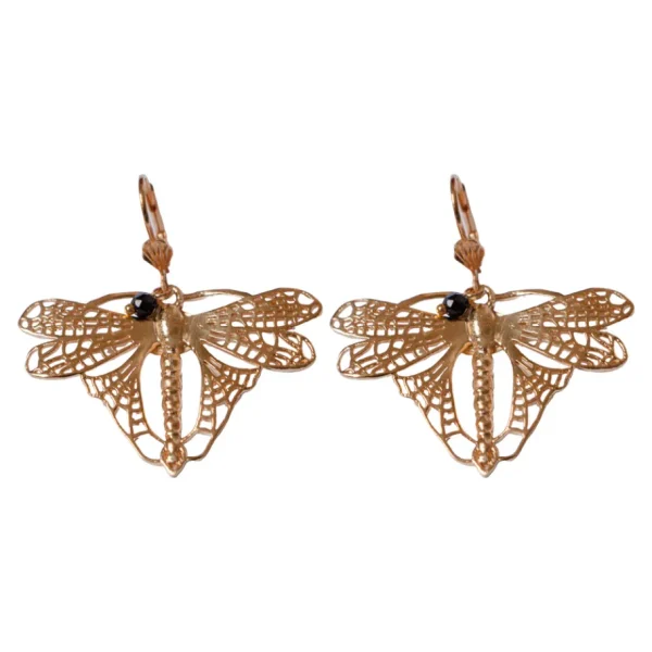 Lotta Djossou Boucles d'Oreilles Libellule Volant Dorées New