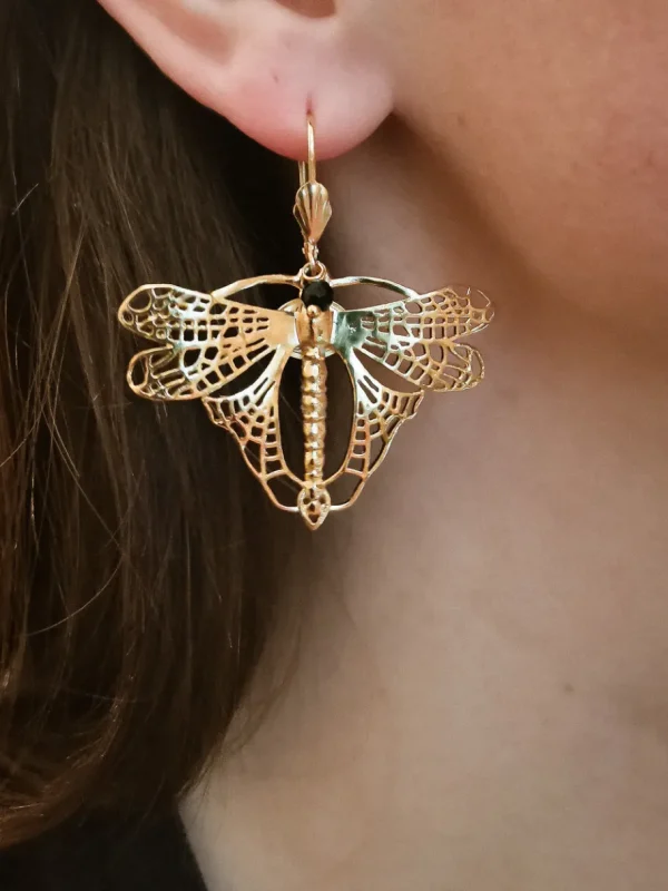 Lotta Djossou Boucles d'Oreilles Libellule Volant Dorées New