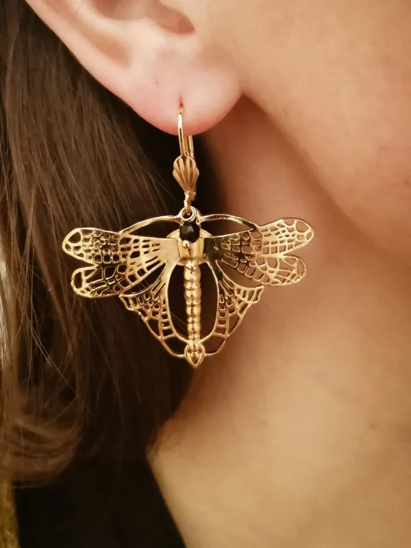Lotta Djossou Boucles d'Oreilles Libellule Volant Dorées New