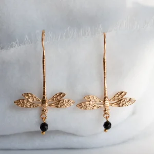 Lotta Djossou Boucles d'Oreilles Libellule Onyx Dorées Discount