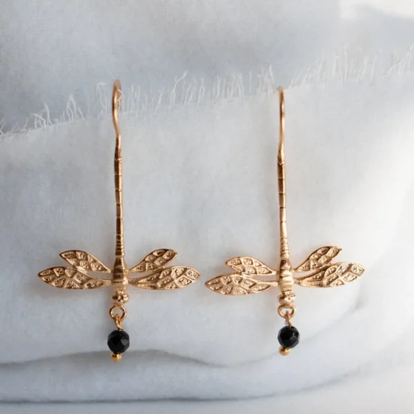 Lotta Djossou Boucles d'Oreilles Libellule Onyx Dorées Discount