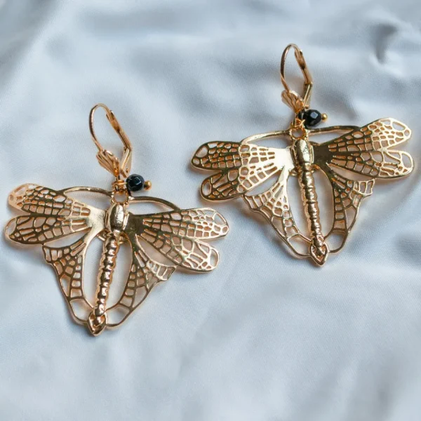 Lotta Djossou Boucles d'Oreilles Libellule Volant Dorées New