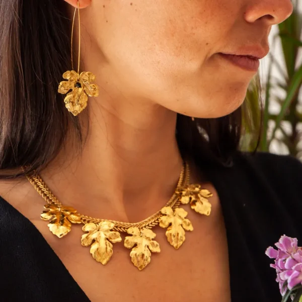 Lotta Djossou Boucles d'Oreilles Tige Feuilles de Figuier Dorées Sale