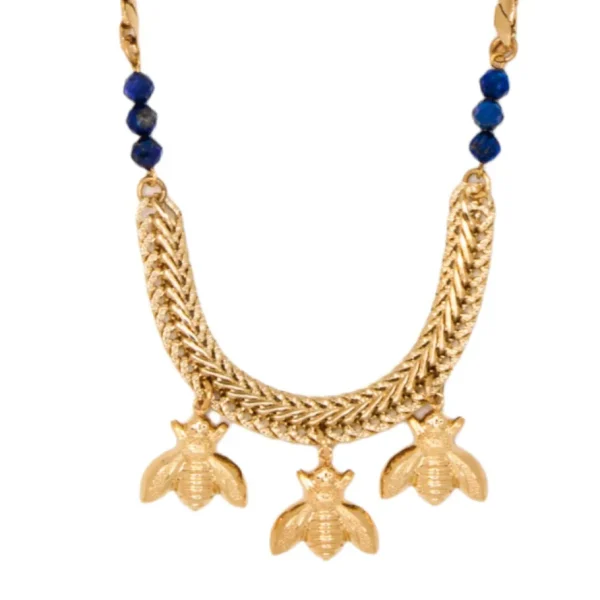 Lotta Djossou Collier Abeilles Bee Doré Lapis Lazuli Bleu Fashion